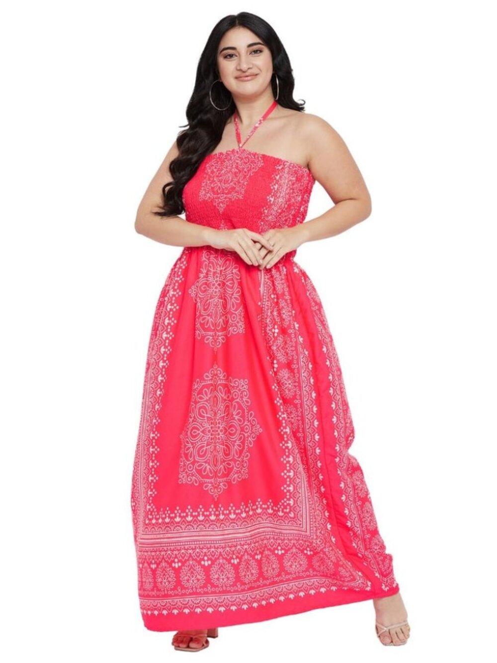 NWT Gypsie Blu Neon Pink White Floral Maxi Tube Halter Dress M